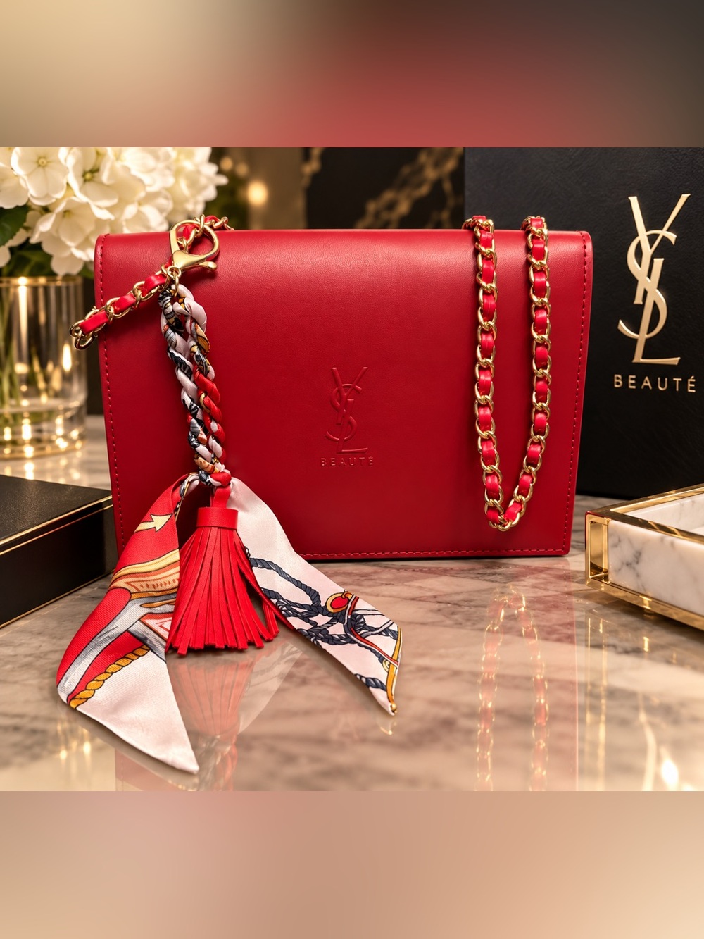 YSL Beaute Red patent Leather pouch with Scarf Tassel